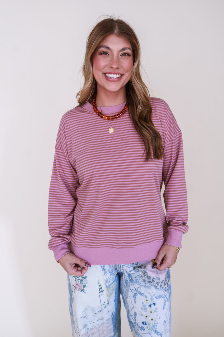 Striped Rib Banded Pullover - Rose