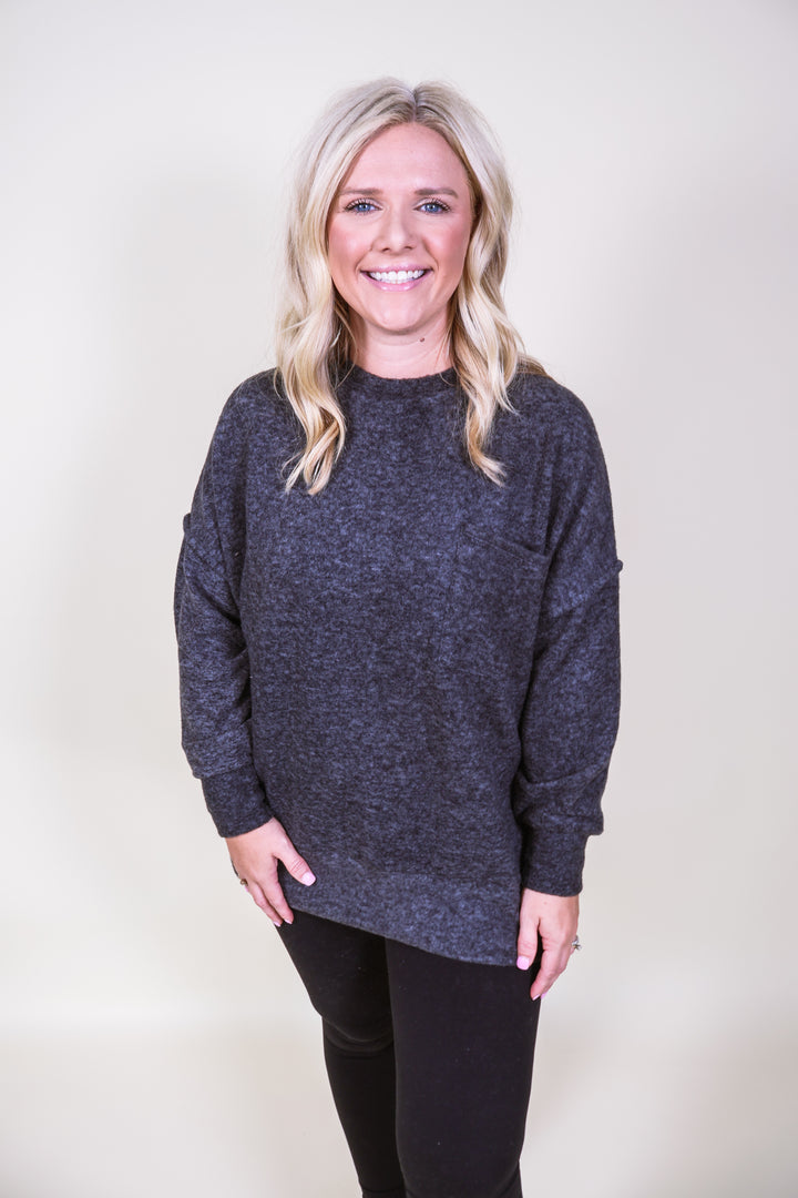 Brushed Melange Drop Shoulder Oversized Sweater - Black
