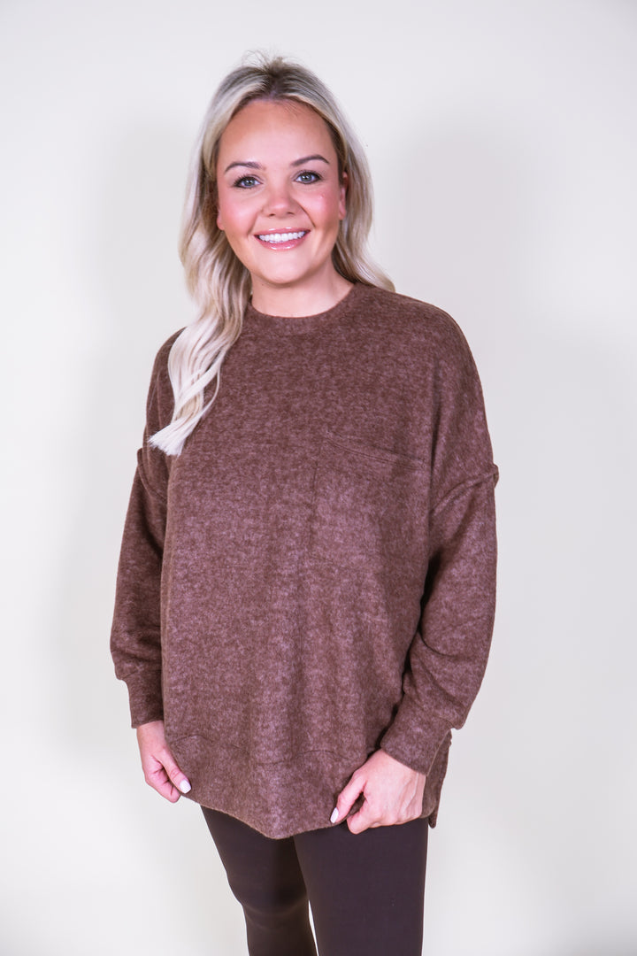 Brushed Melange Drop Shoulder Oversized Sweater - Brown