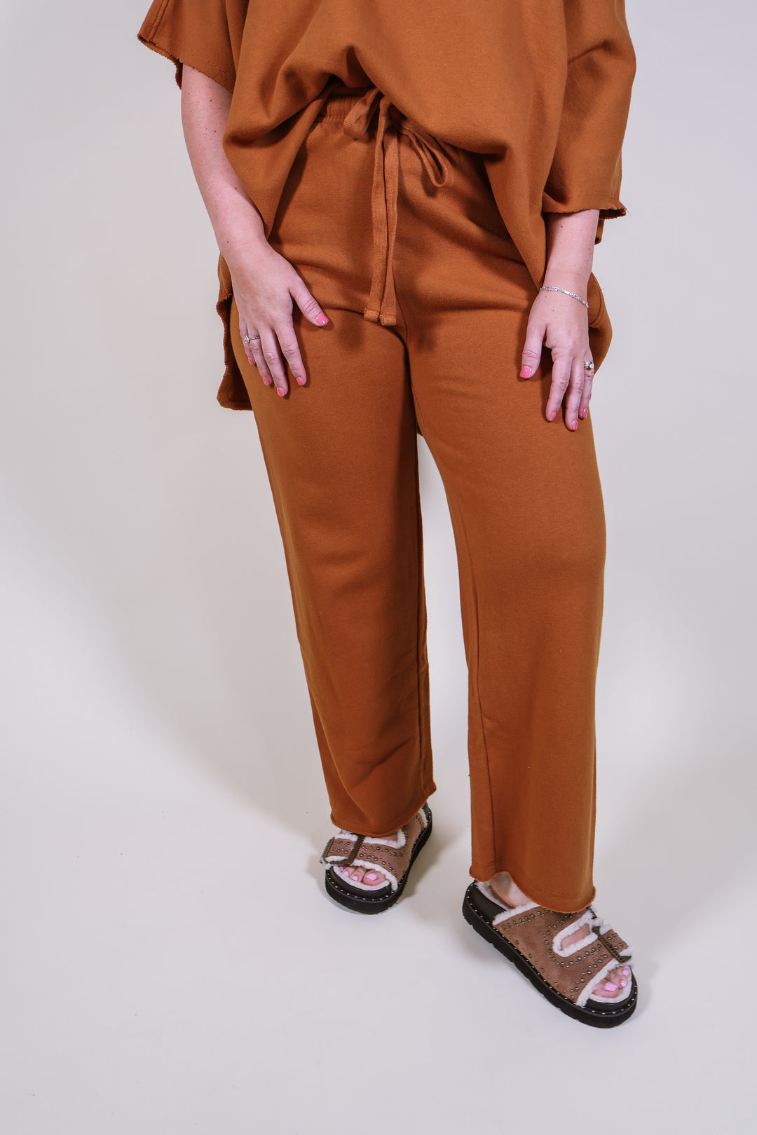 Malibu Wide Leg Fleece Pants - Burnt Amber