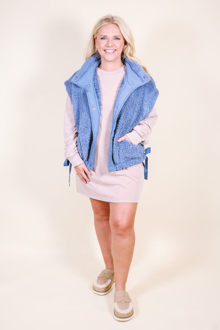 Oversized Faux Fur Vest - Dusty Blue