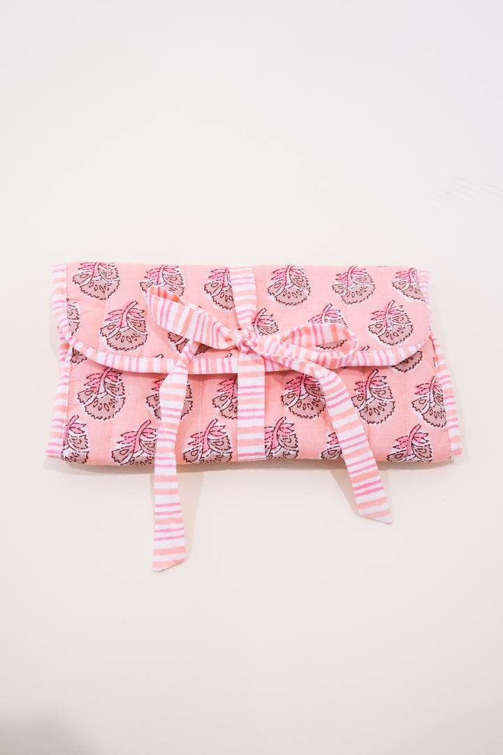 Layla Quilted Jewelry Roll Pink 9x13