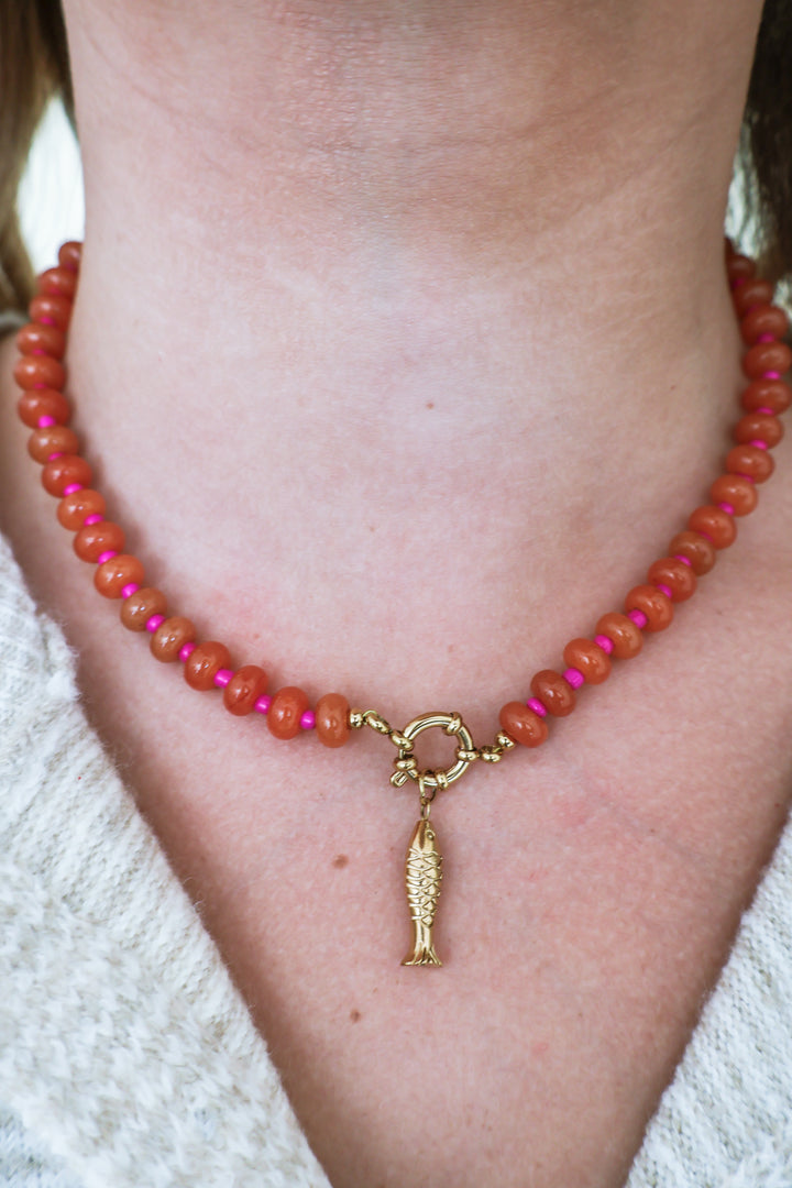 Gemstone Beaded Fish Charm Necklace - Orange
