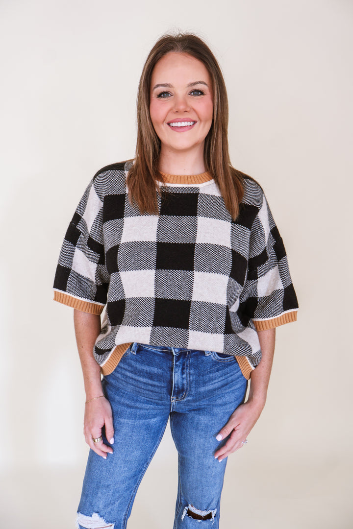Checkered Drop Shoulder Sweater Top - Oatmeal/Black