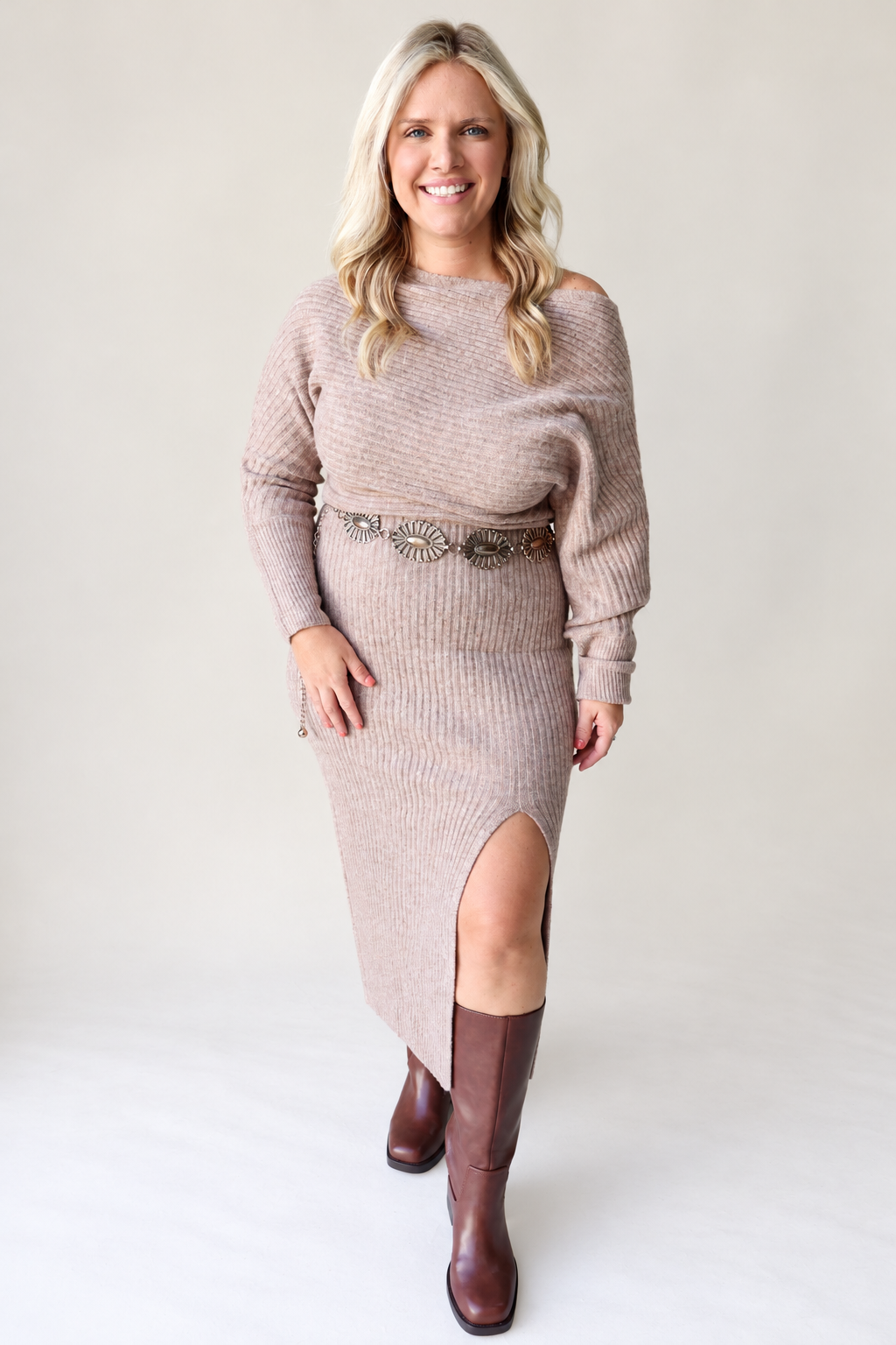 One Shoulder Midi Knit Sweater Dress – Latte