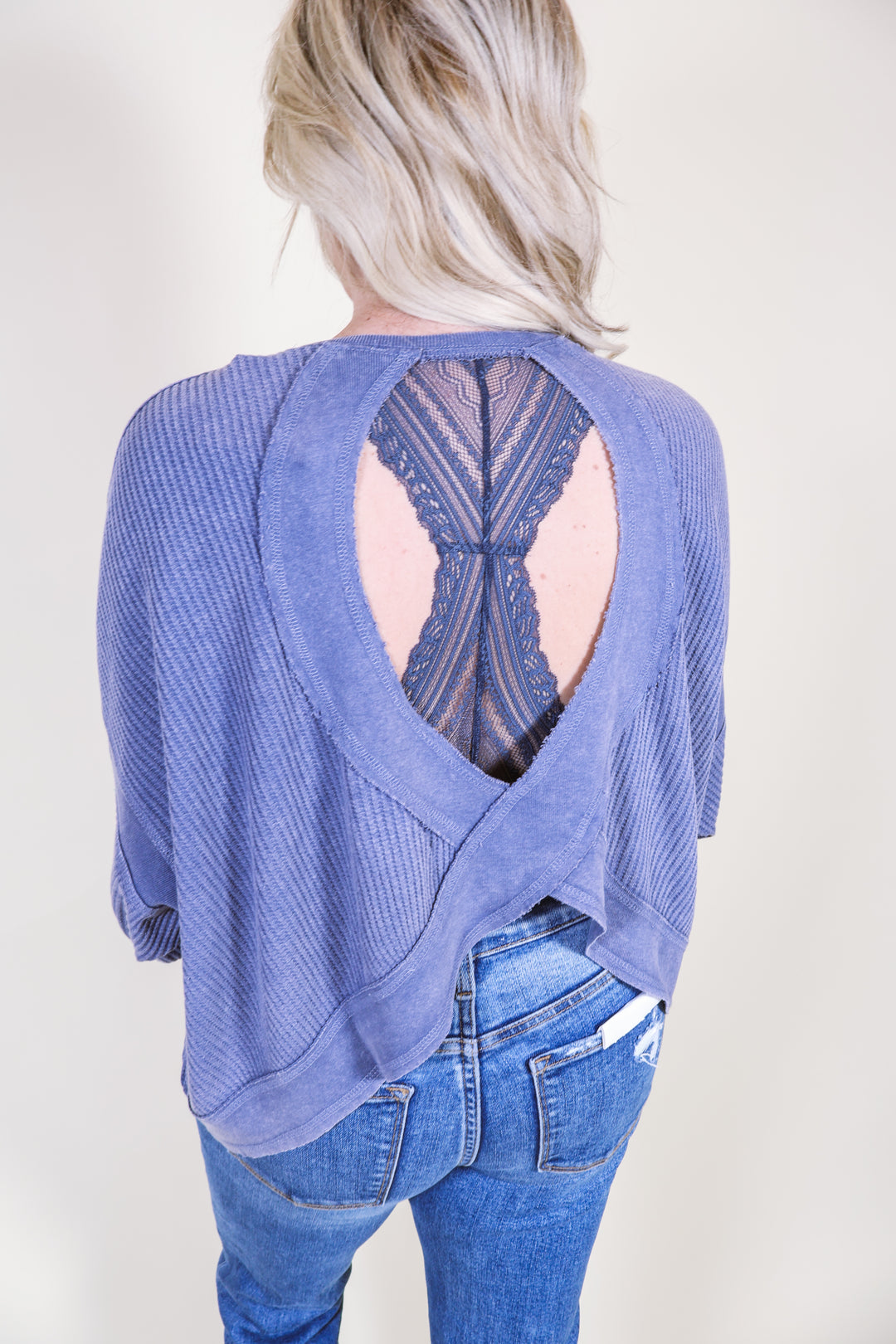 Collins Chic Open Back Textured Knit Top - Dusty Navy