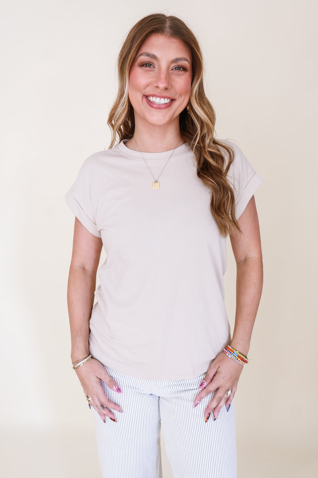 Cotton Crew Neck Short Sleeve Tee - Beige