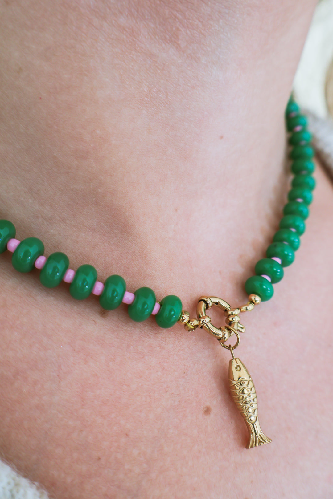Gemstone Beaded Fish Charm Necklace - Green