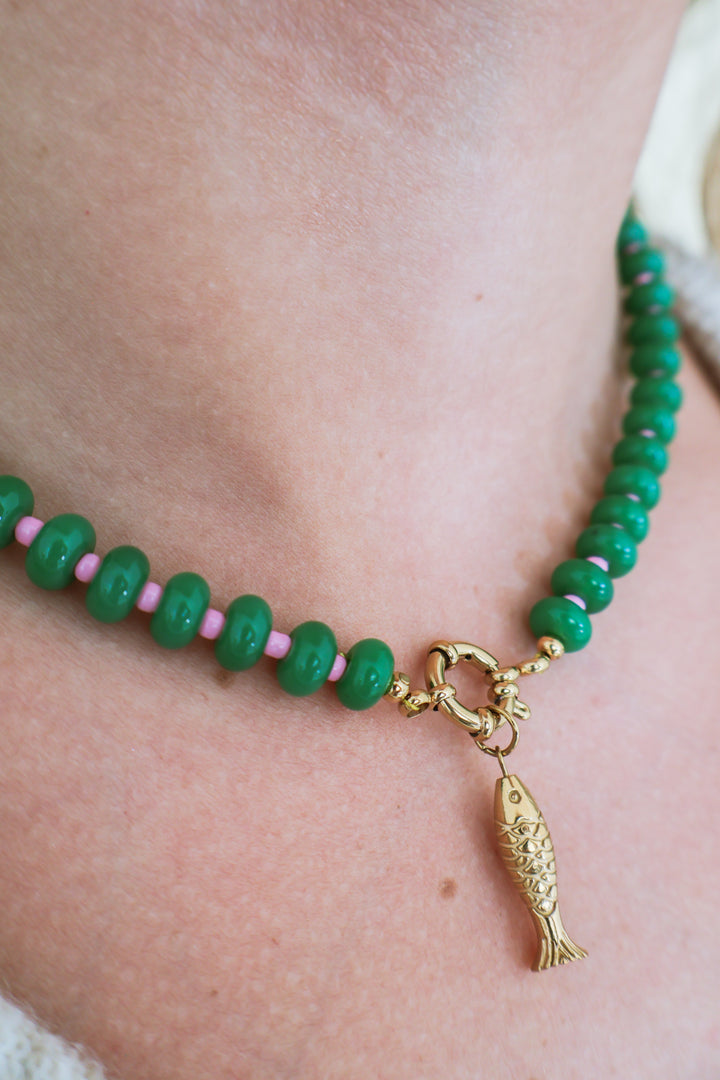 Gemstone Beaded Fish Charm Necklace - Green