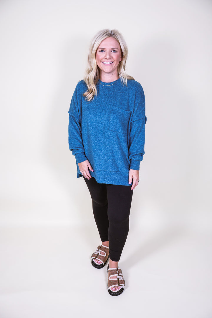 Brushed Melange Drop Shoulder Oversized Sweater - Teal