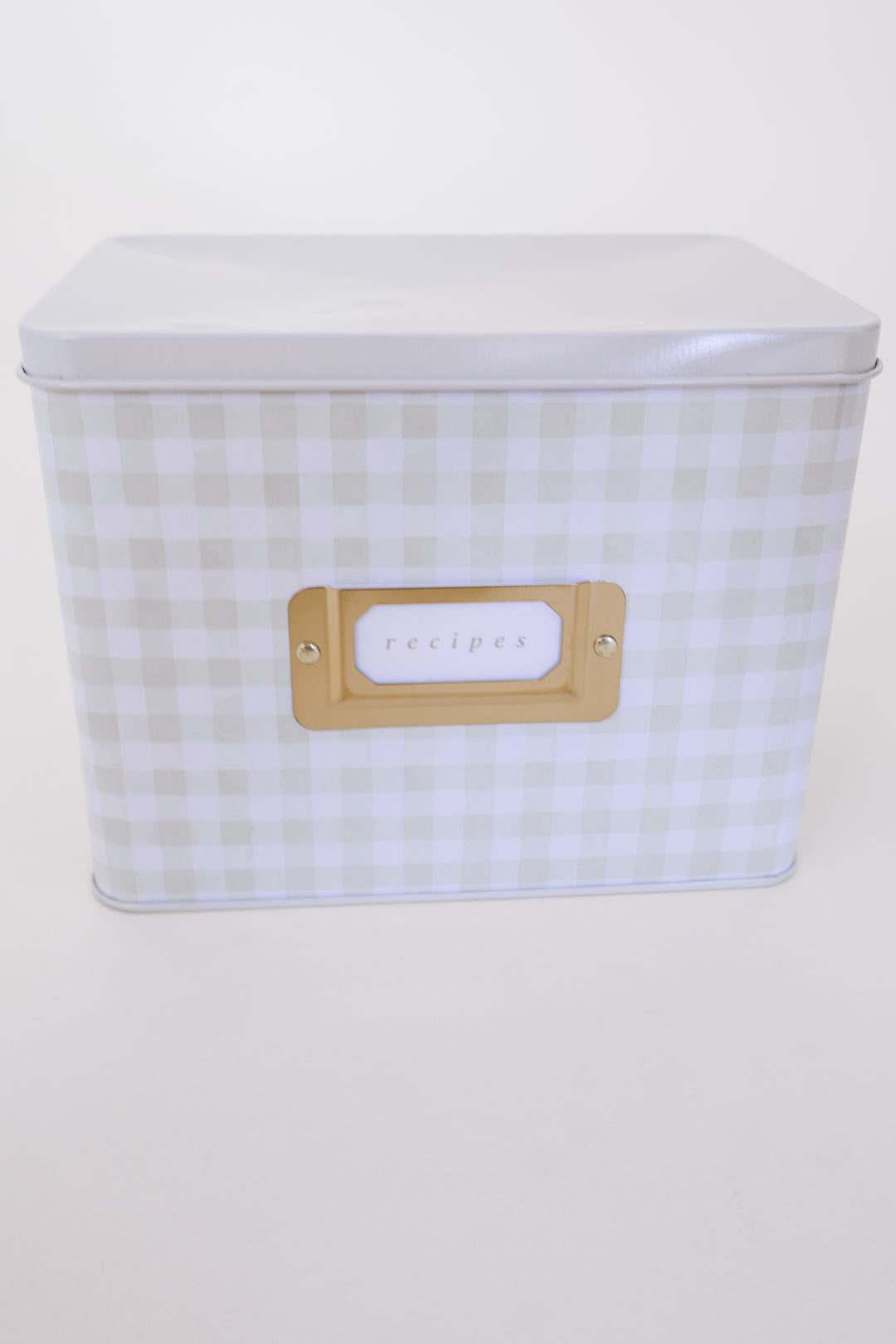 Beige Gingham Tin Recipe Box