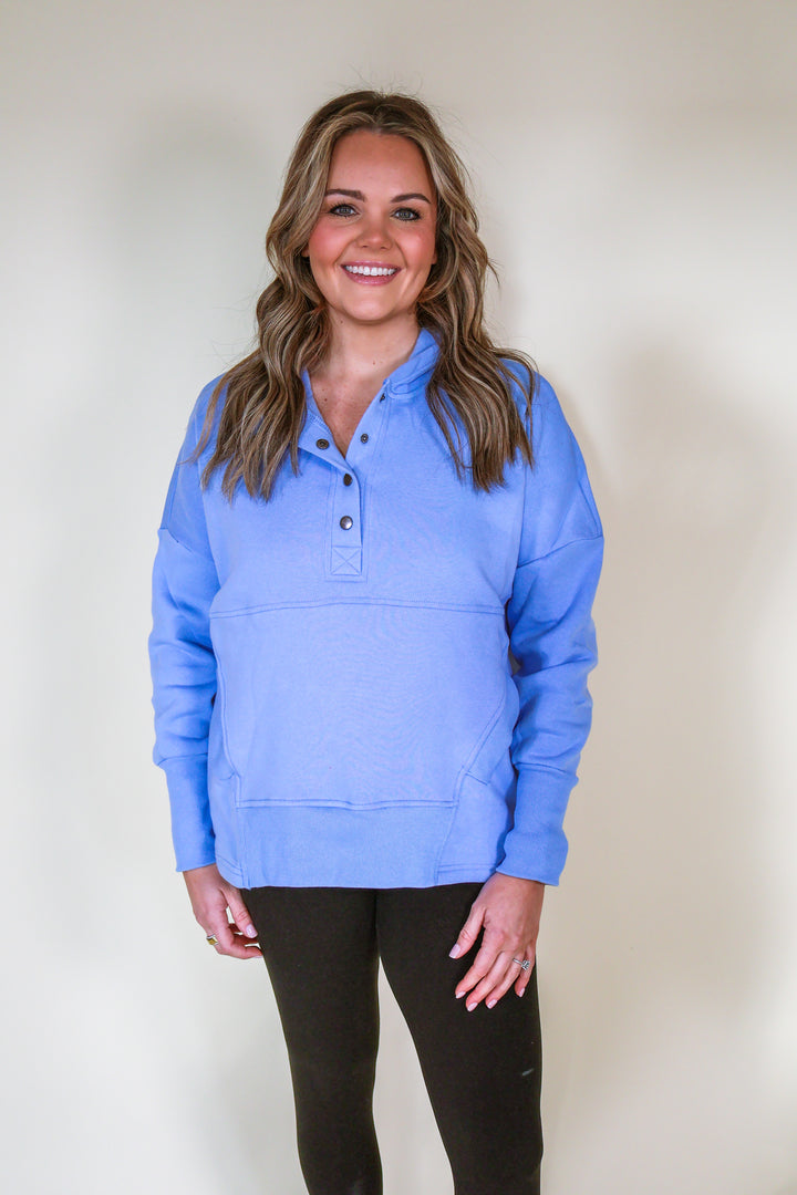 Fleece Half-Snap Button Hooded Sweatshirt - Spring Blue