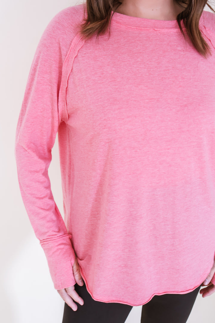 Cotton Raglan Sleeve Thumbhole Top - Coral