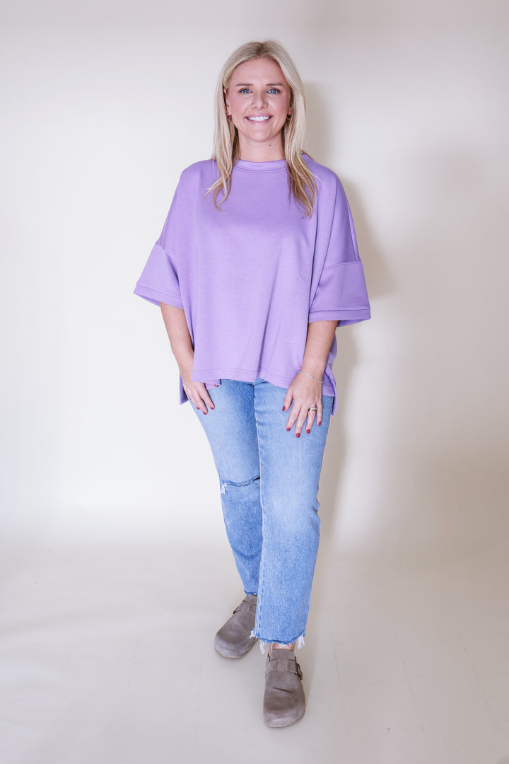 Scuba Round Neck Top with Side Slits - Lavender