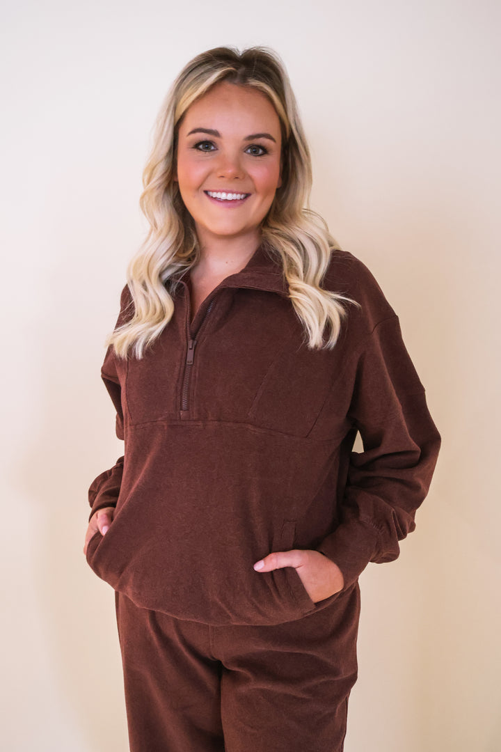 Brushed Rib Quarter Zip Pullover - Cherry