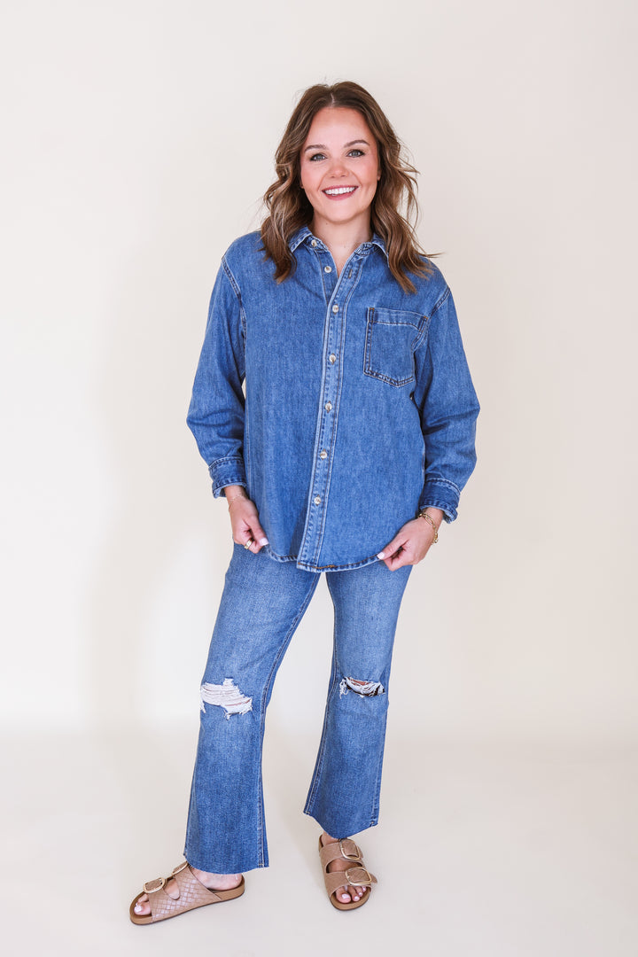 Denim Button Down Oversized Shirt – Medium Wash
