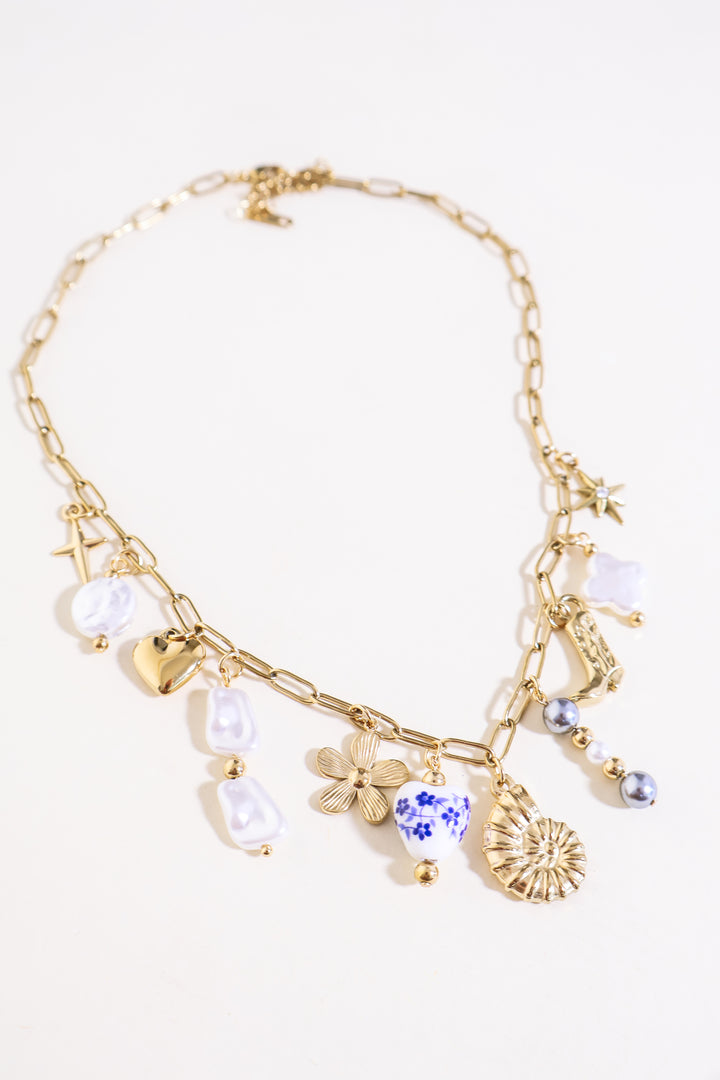 Rhinestone Pearl Shell Charm Necklace