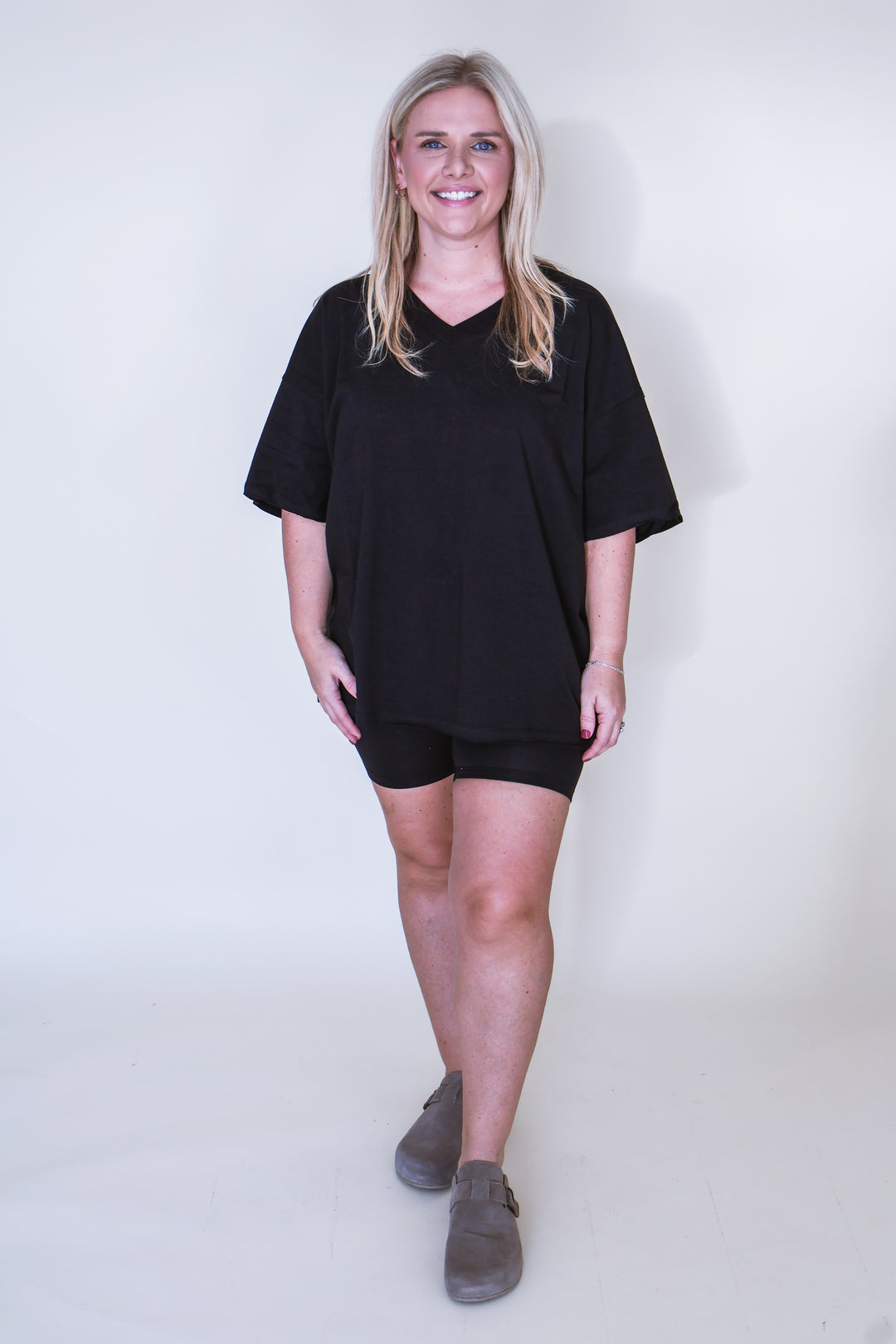 Cotton V-Neck Top & Biker Shorts Set - Black