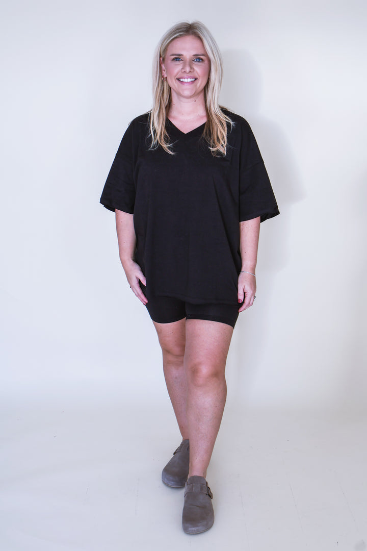 Cotton V-Neck Top & Biker Shorts Set - Black