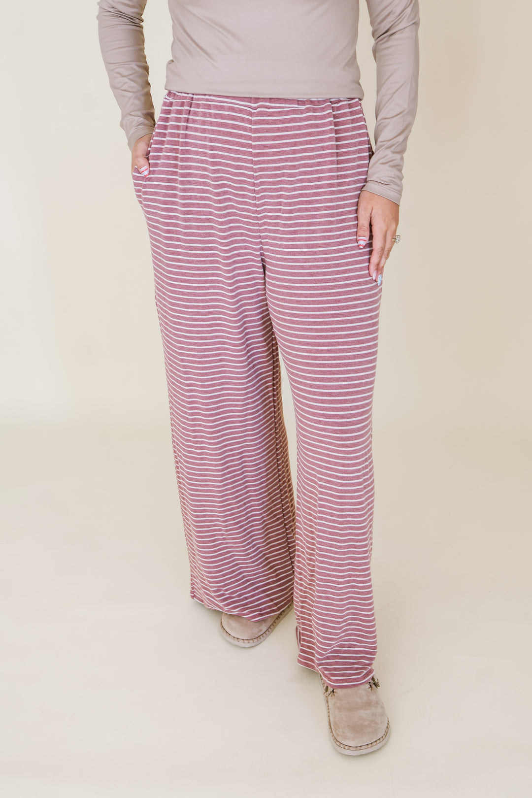 Stripe Elastic Waist Pants - Burgundy