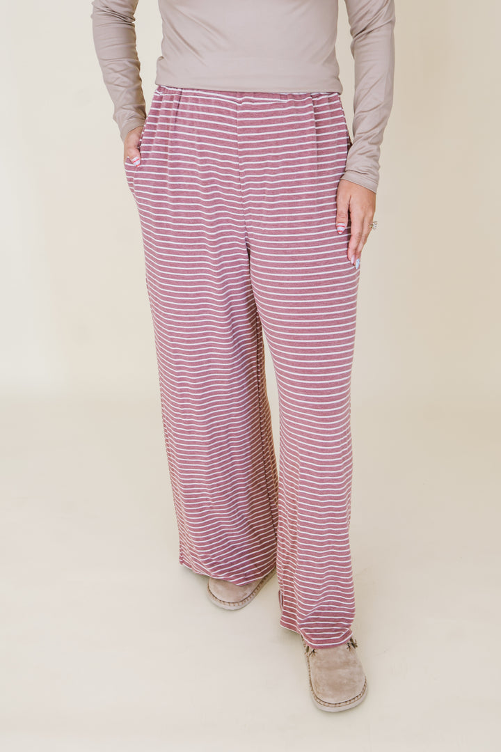 Stripe Elastic Waist Pants - Burgundy