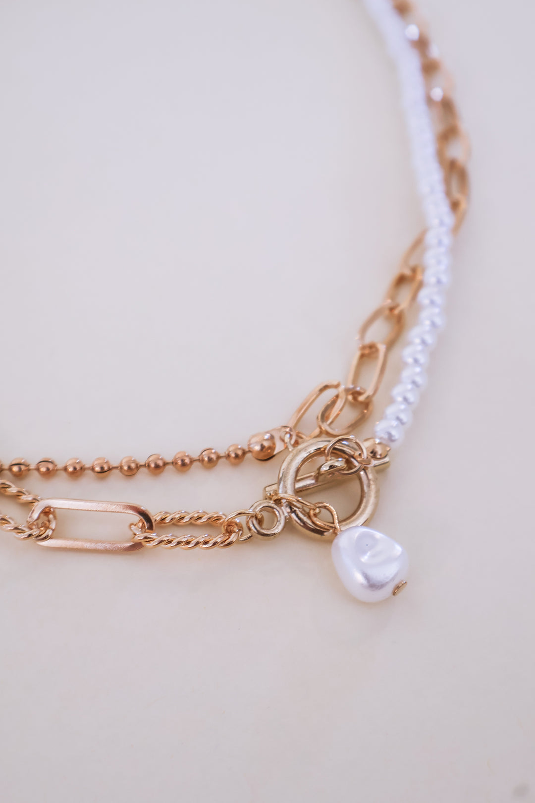 Pearl Mix Double Layer Toggle Necklace - Gold