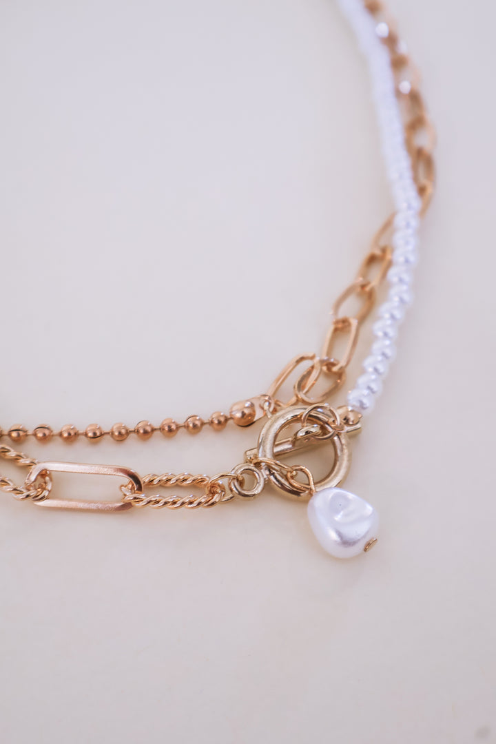 Pearl Mix Double Layer Toggle Necklace - Gold