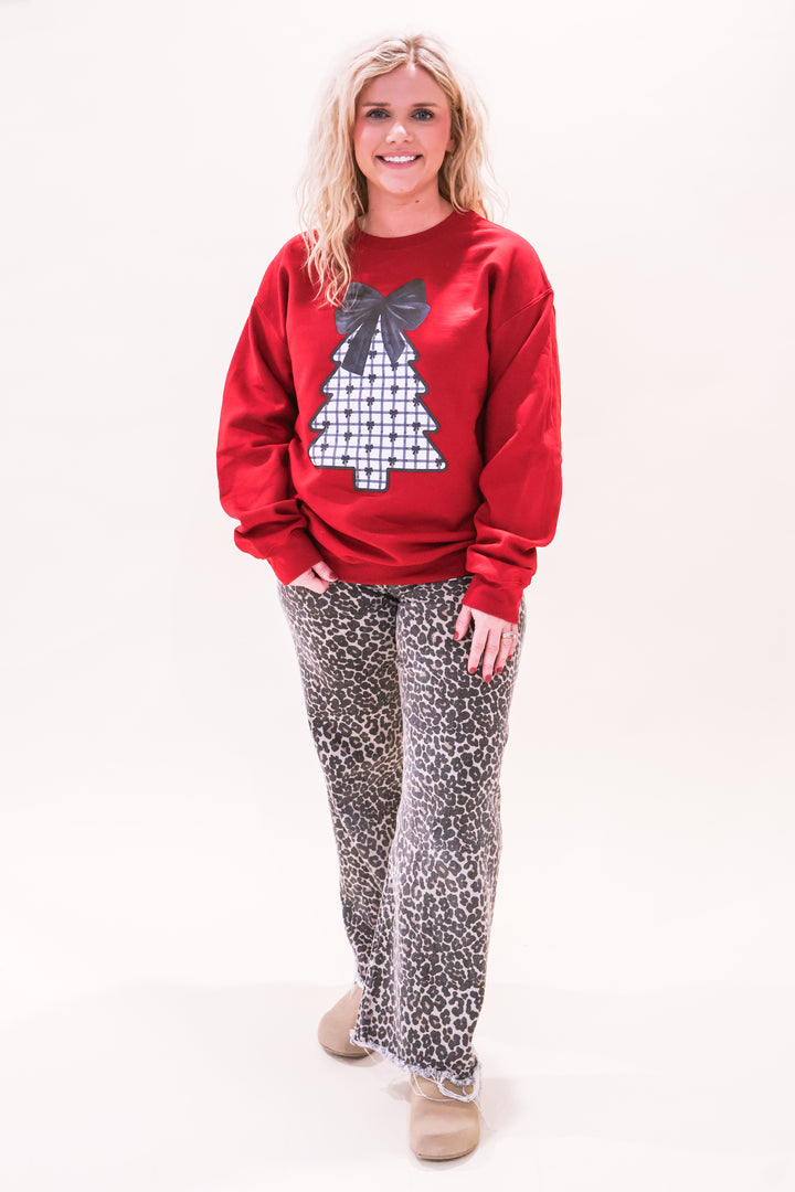 Sleek Black Christmas Tree Sweatshirt - Burgundy