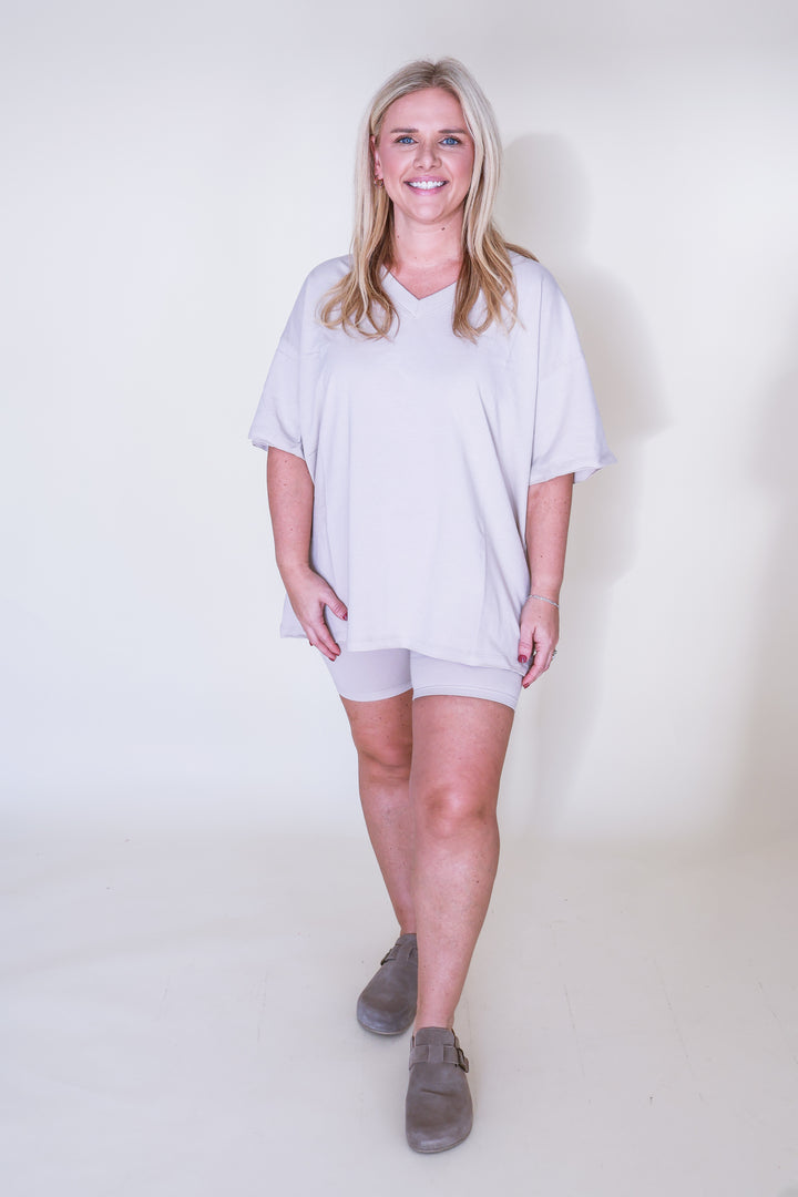 Cotton V-Neck Top & Biker Shorts Set - Sand Beige