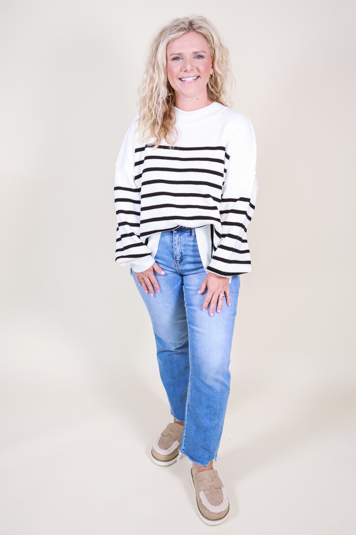 Exposed Seam Striped Oversized Sweater - Ivory/Black