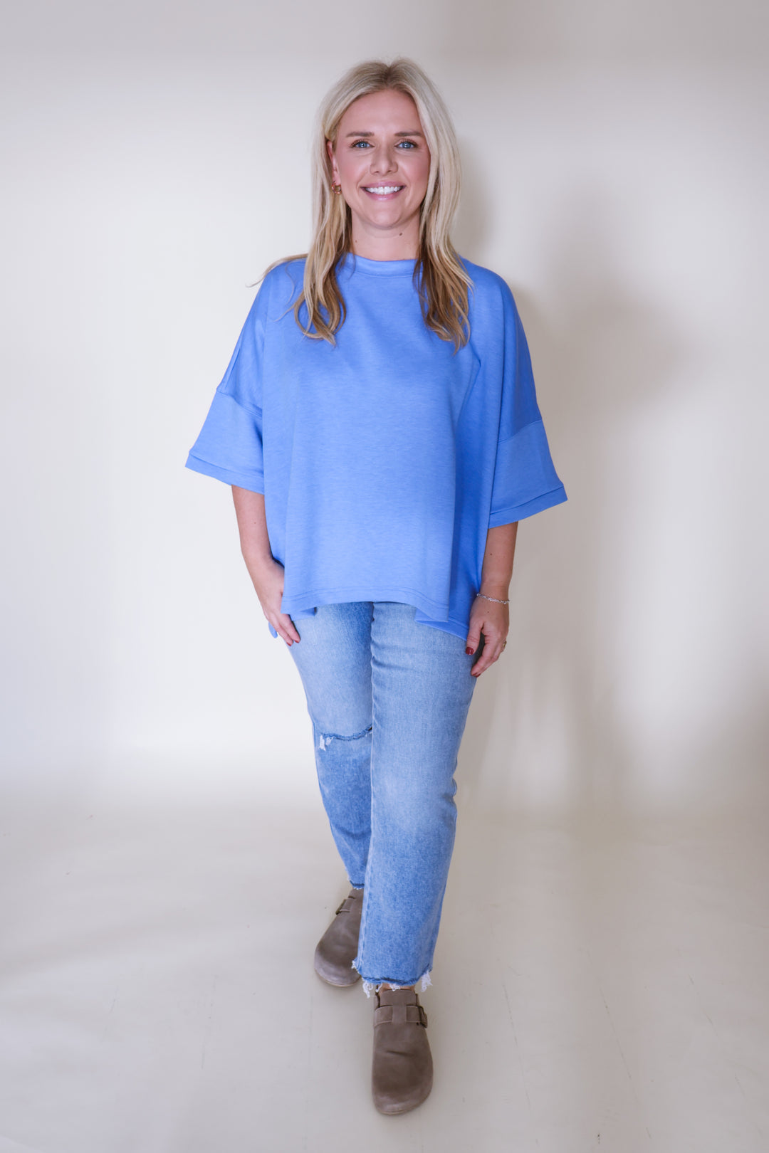 Scuba Round Neck Top with Side Slits - Cornflower Blue