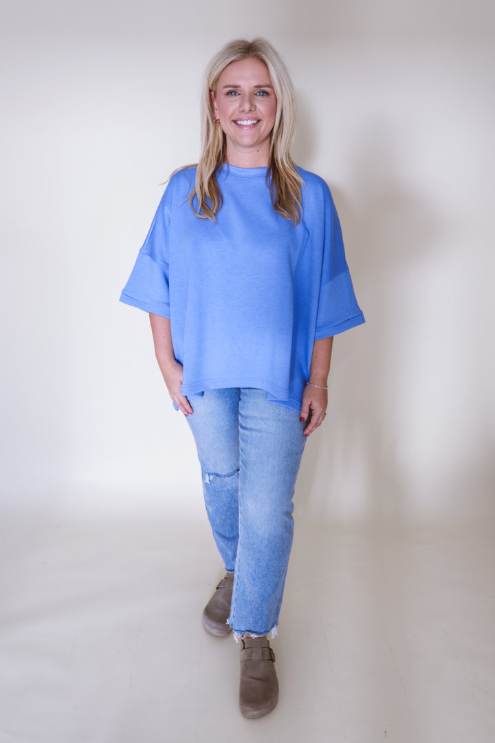 Scuba Round Neck Top with Side Slits - Cornflower Blue