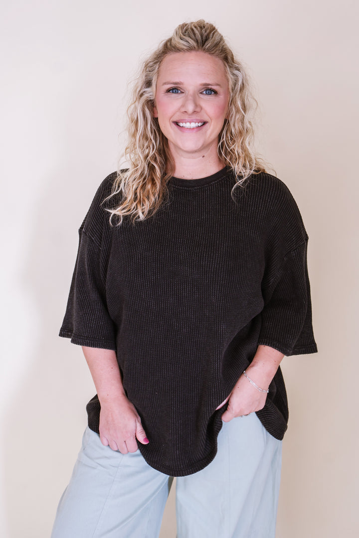 Mineral Wash Waffle Top - Black
