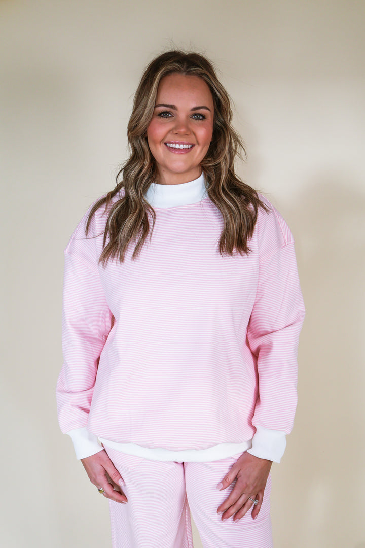 Mock Neck Striped Sweatshirt Top - Pink