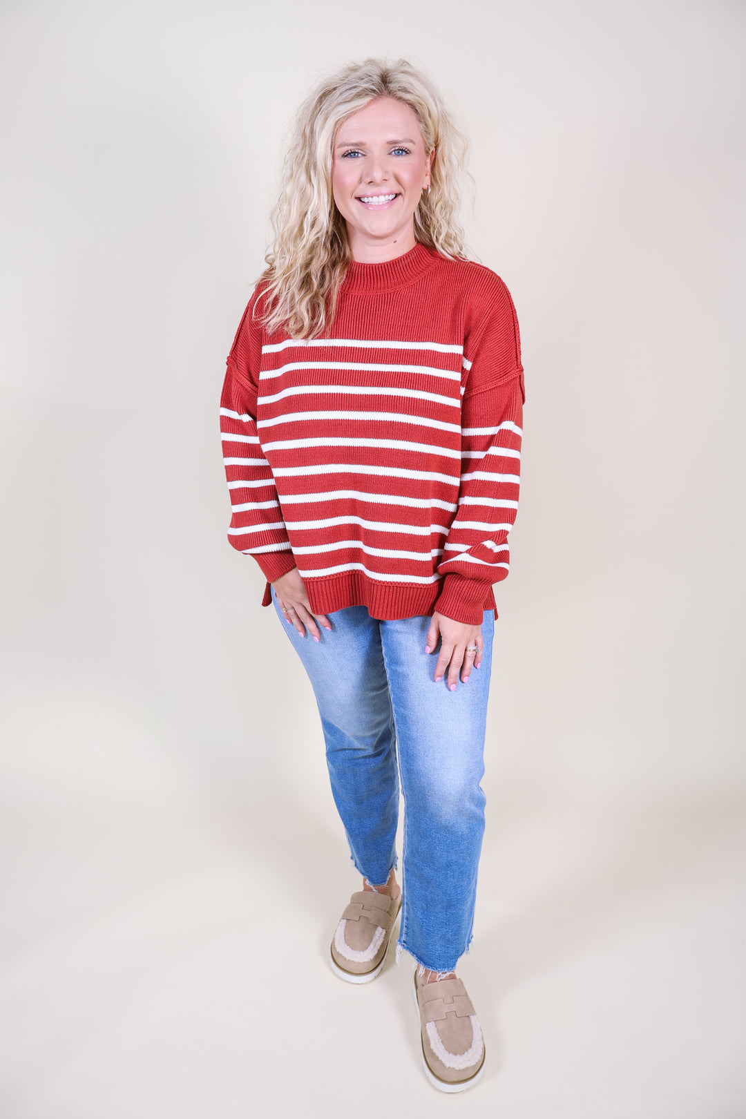 Exposed Seam Striped Oversized Sweater - Rust