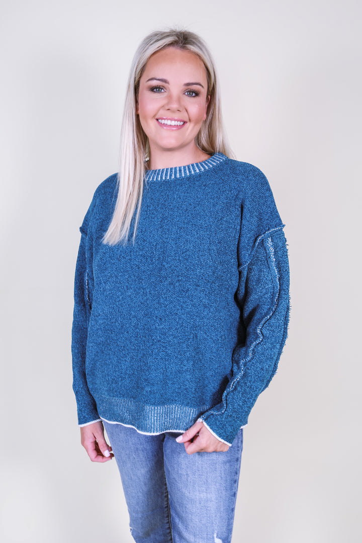 Exposed Seam Round Neck Sweater - Ocean Teal