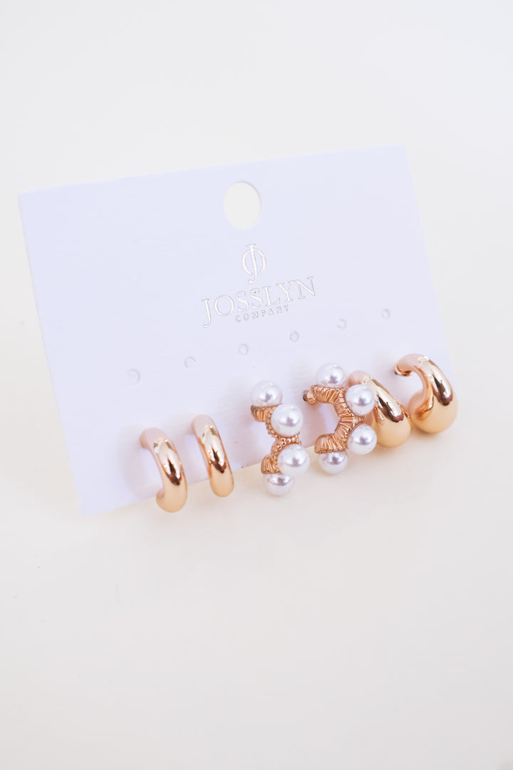 Trio Huggie Pearl Gold Hoop Earrings