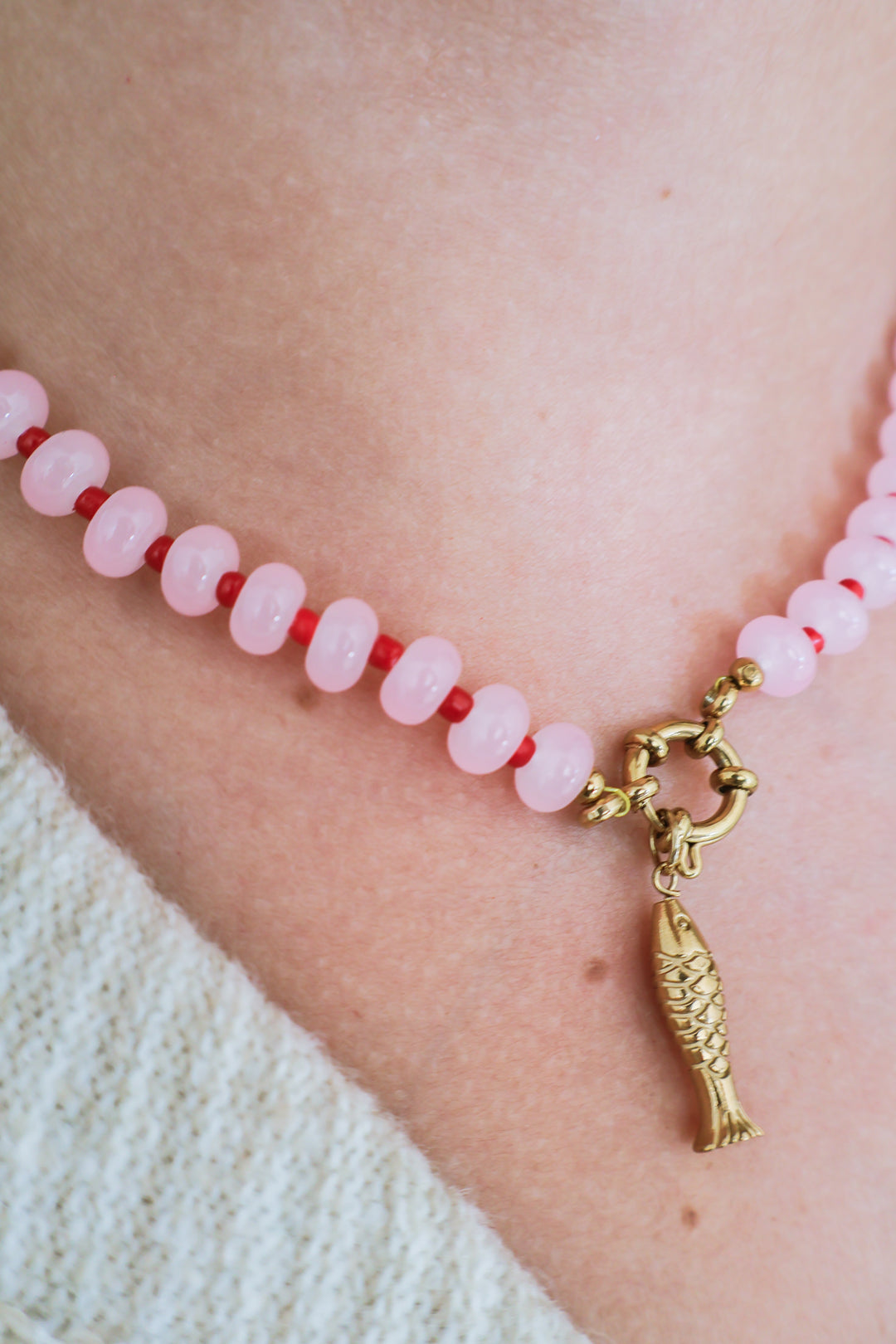 Gemstone Beaded Fish Charm Necklace - Pink