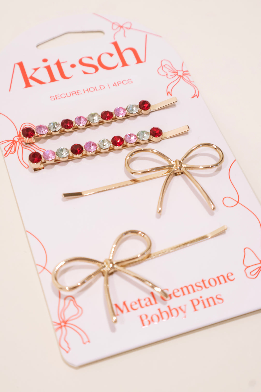 Holiday Gemstone and Bow Bobby Pins 4pc Set