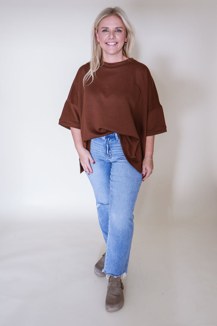 Scuba Round Neck Top with Side Slits - Brown