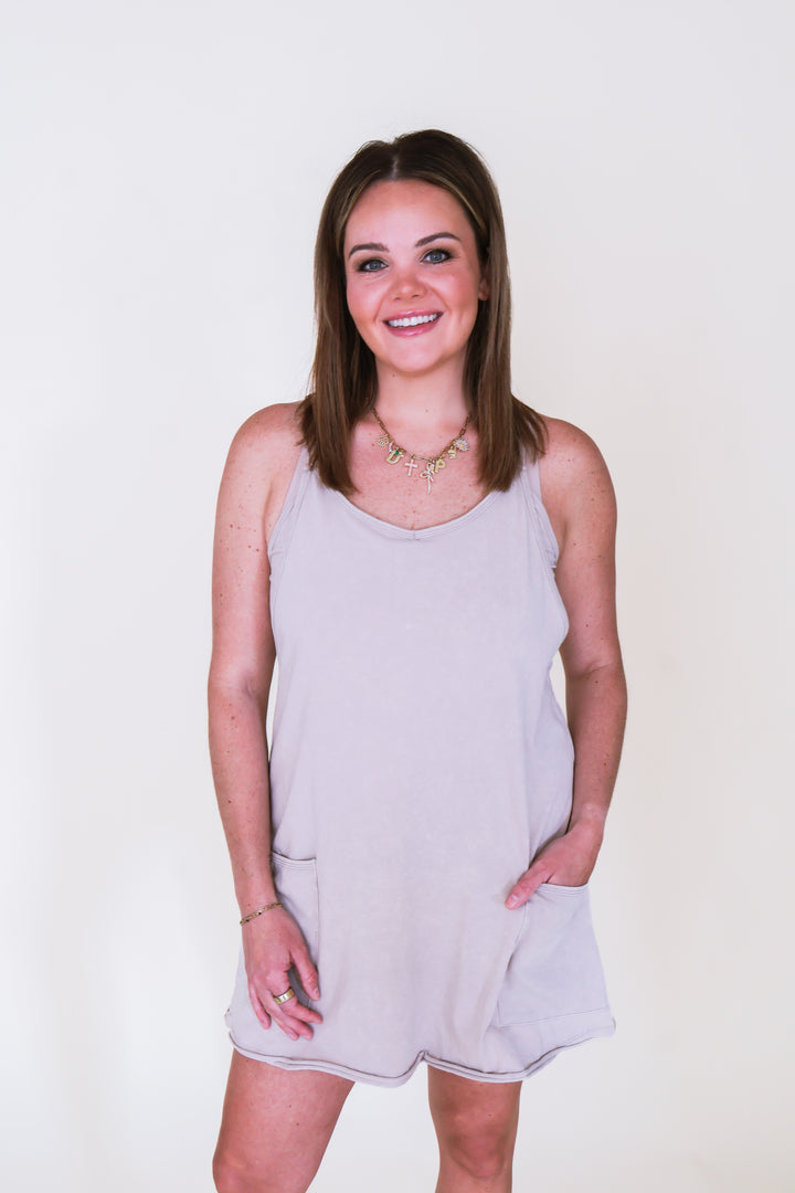Acid Washed Mini Dress Romper - Ash Mocha