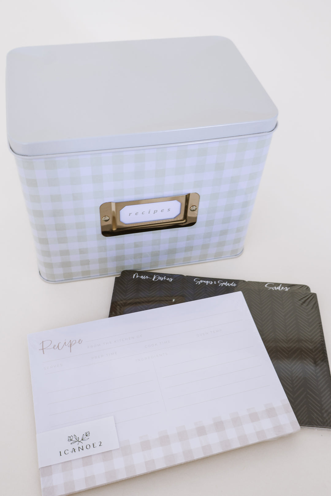 Beige Gingham Tin Recipe Box