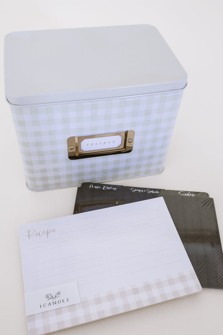 Beige Gingham Tin Recipe Box