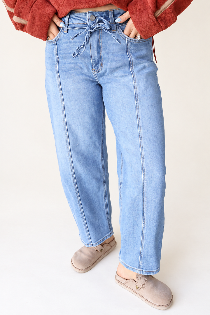 High Rise Waist Tie Crop Wide Barrel Jeans