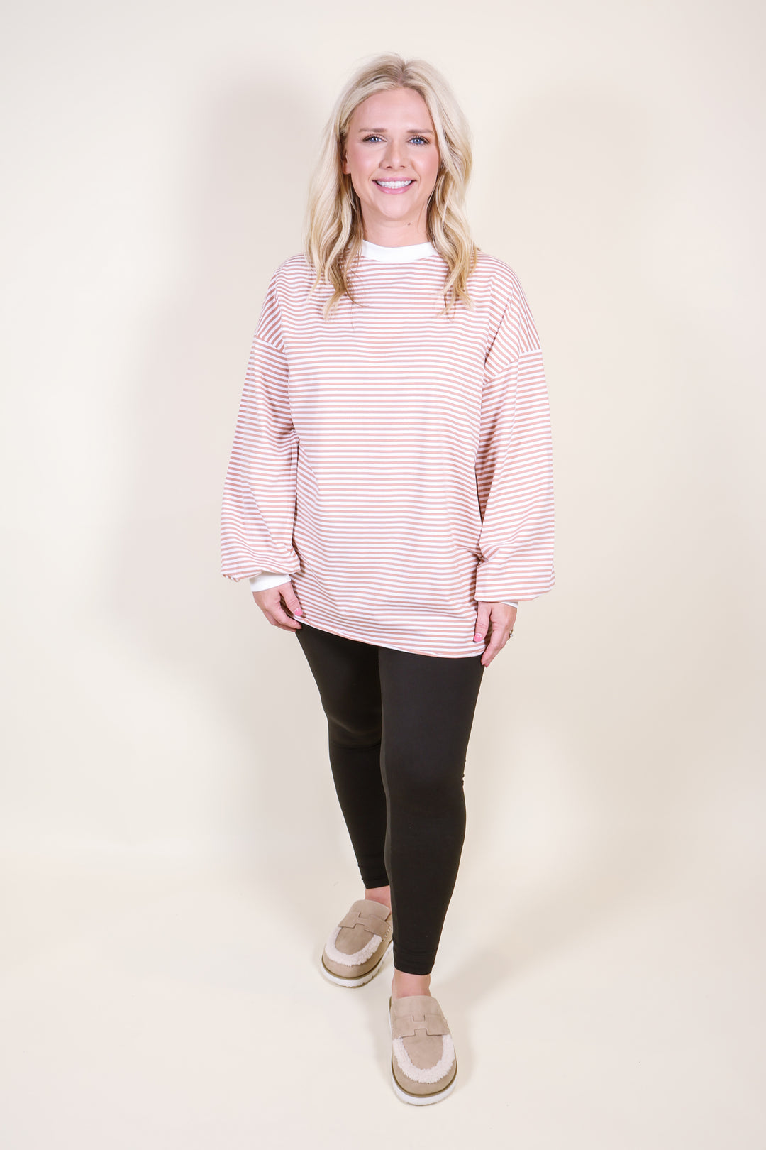 Oversized Striped Long Sleeve Pullover Top - Latte