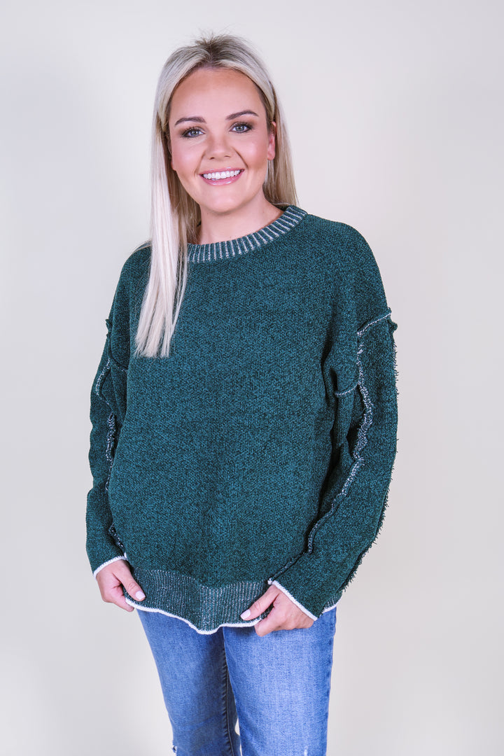 Exposed Seam Round Neck Sweater - Hunter Green