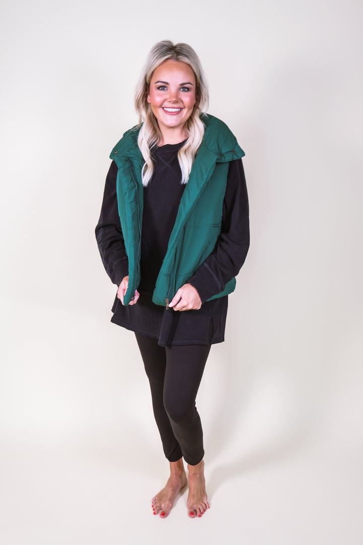High Neck Puffer Vest - Hunter Green