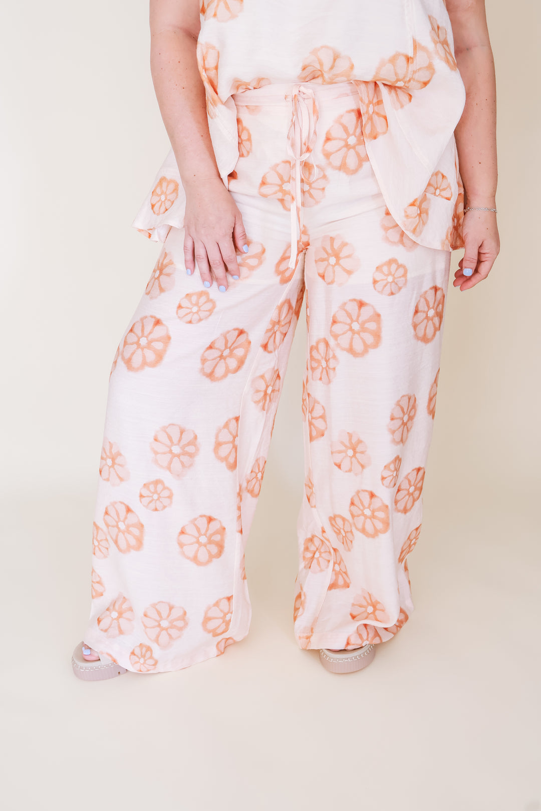 Floral Wide-Leg Drawstring Pants - Cream