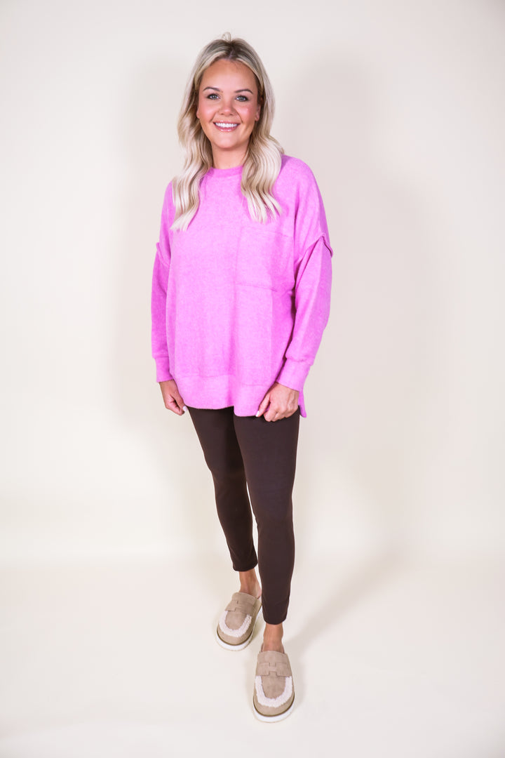 Brushed Melange Drop Shoulder Oversized Sweater - Bright Mauve
