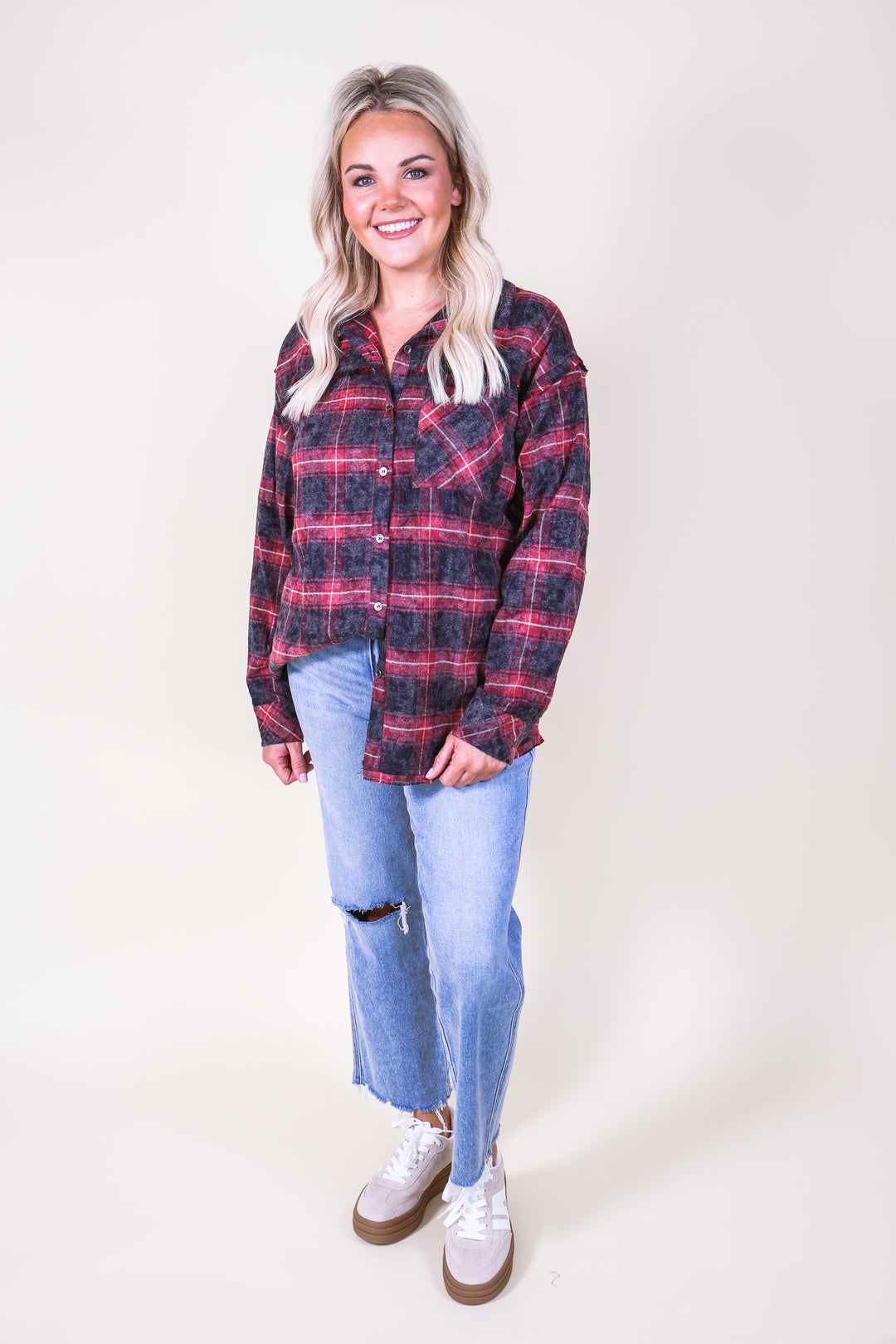 Fringe Detail Plaid Flannel Shirt - Navy